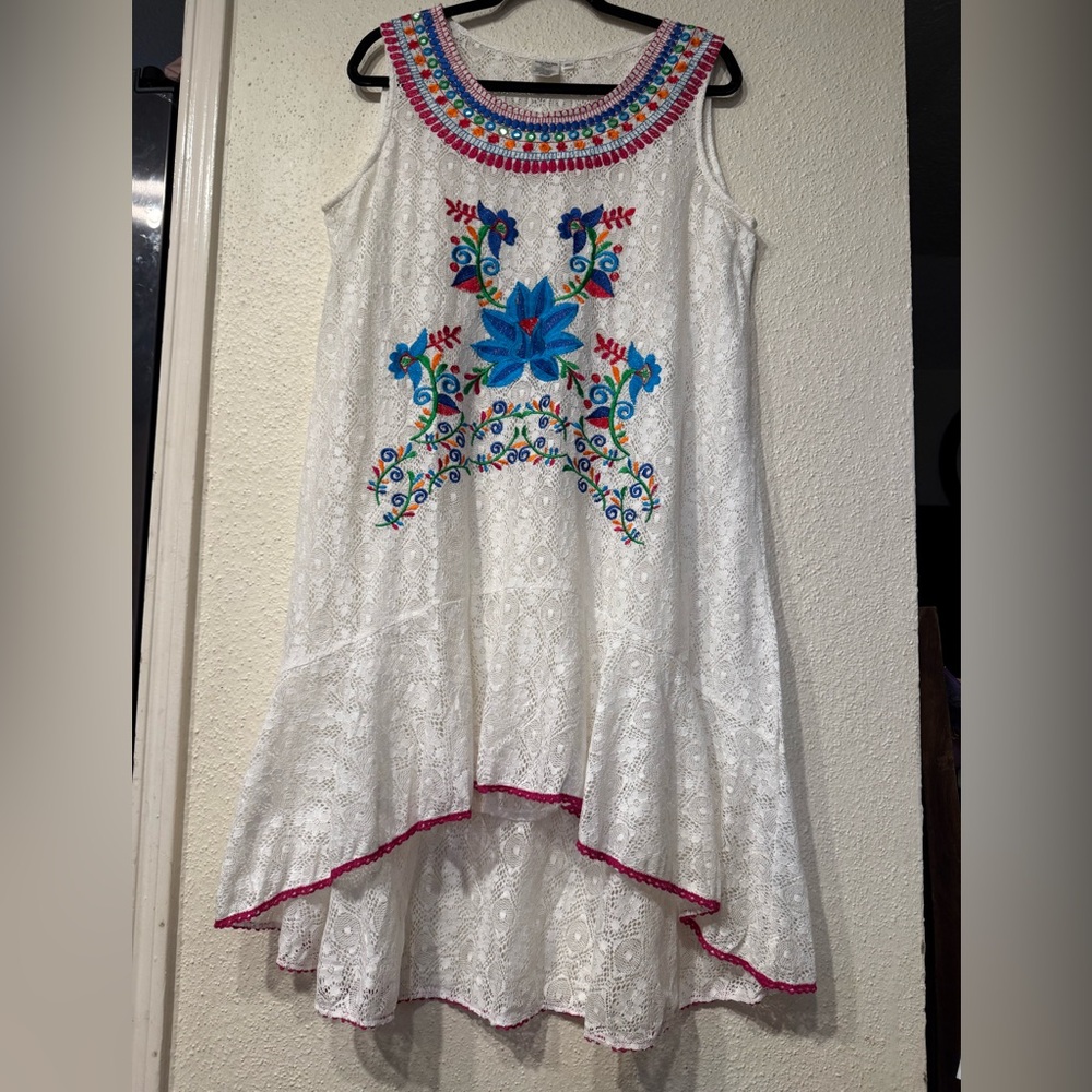 Embroidered White Dress Coverup with Blue and Pink Accents